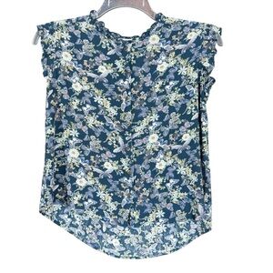 Frye and Co Blue Floral Ruffle Detail Button Front Sleeveless Hi-Lo Hem Top S